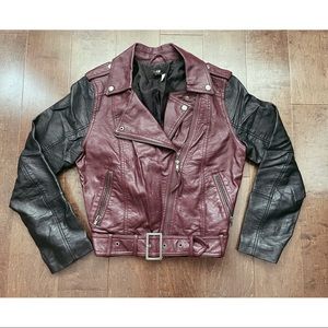 Colour-block Cropped Vegan Leather Jacket - Medium